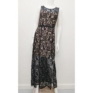 Enfocus Studio Beaded Lace Sleeveless Maxi Dress Side Slit 10 Black Nude Lining